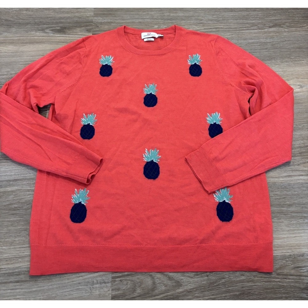 Vineyard Vines Womens Merino Wool Pineapple Intarsia Sweater Coral Red XL